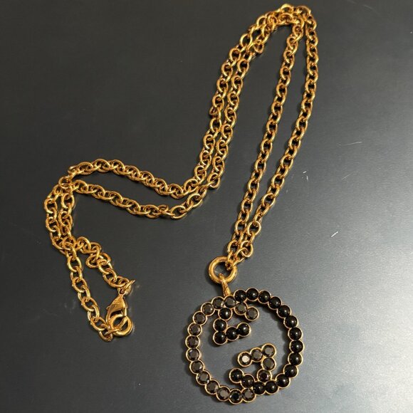 Gucci Black Resin & Crystal Interlocking G Pendant 31" Gold Tone Necklace & Box - Picture 2 of 11